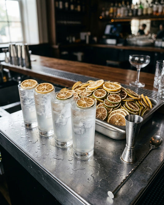 Bar station with a tray of Dry Delicious dehydrated citrus wheels ready for service