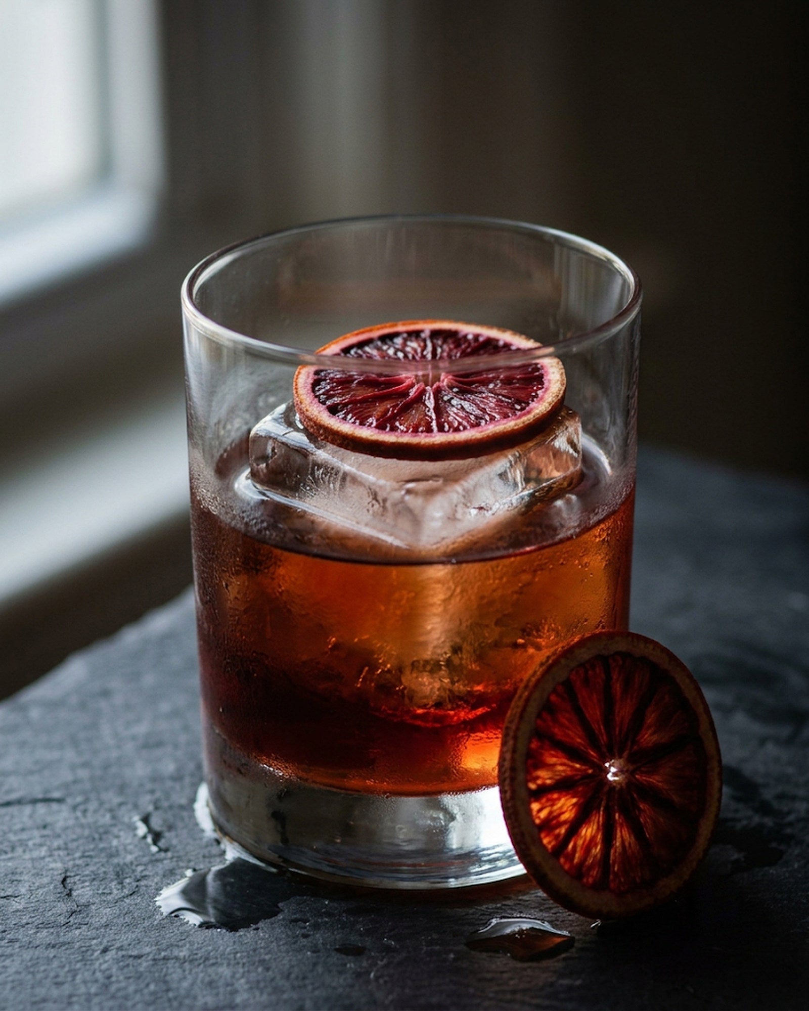 Dry Delicious dehydrated blood orange wheel garnishing a Negroni