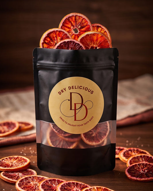 Dry Delicious dehydrated blood orange wheels in a resealable pouch