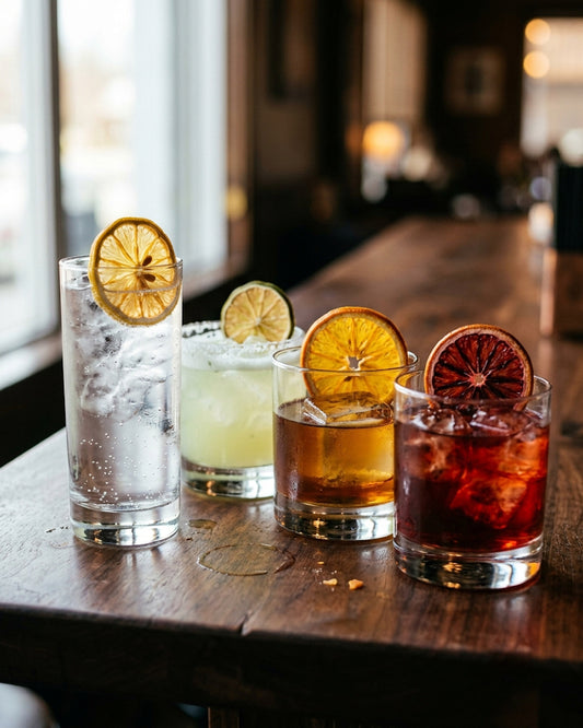 Dehydrated orange, lemon, lime and blood orange wheels garnishing four different cocktails