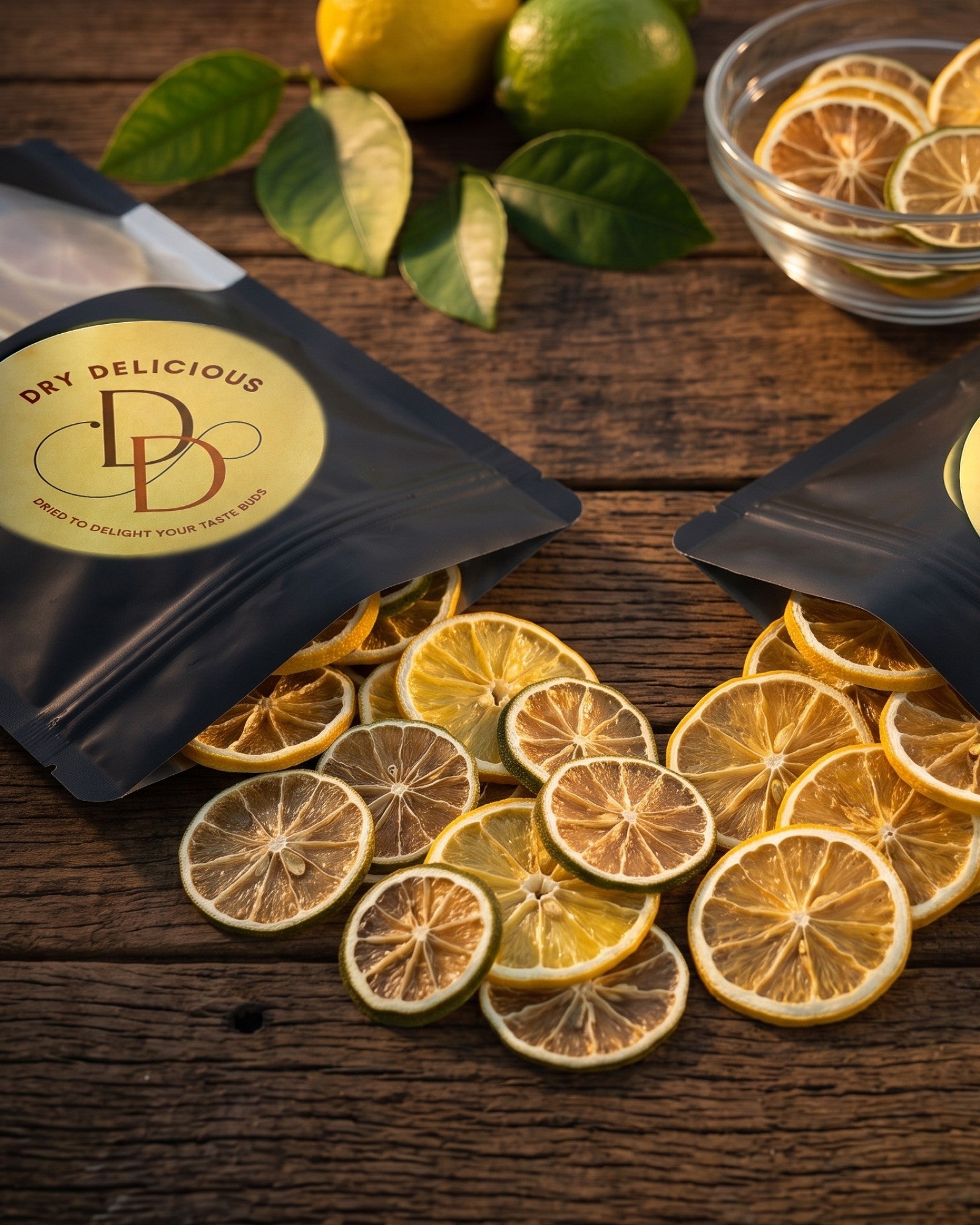 Dry Delicious Assorted Lemon and Lime Pack pouches with dehydrated citrus wheels