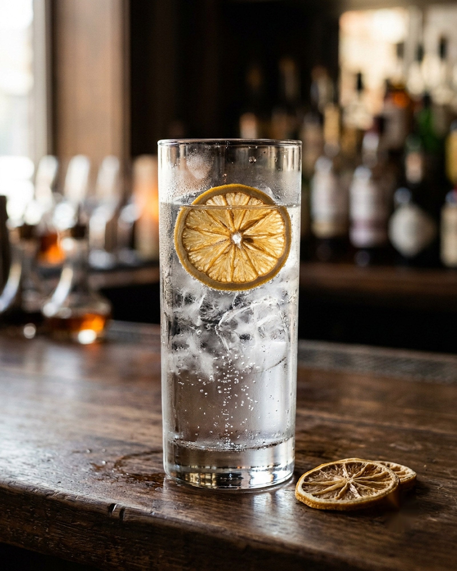 Dry Delicious dehydrated lemon wheel garnishing a gin and tonic