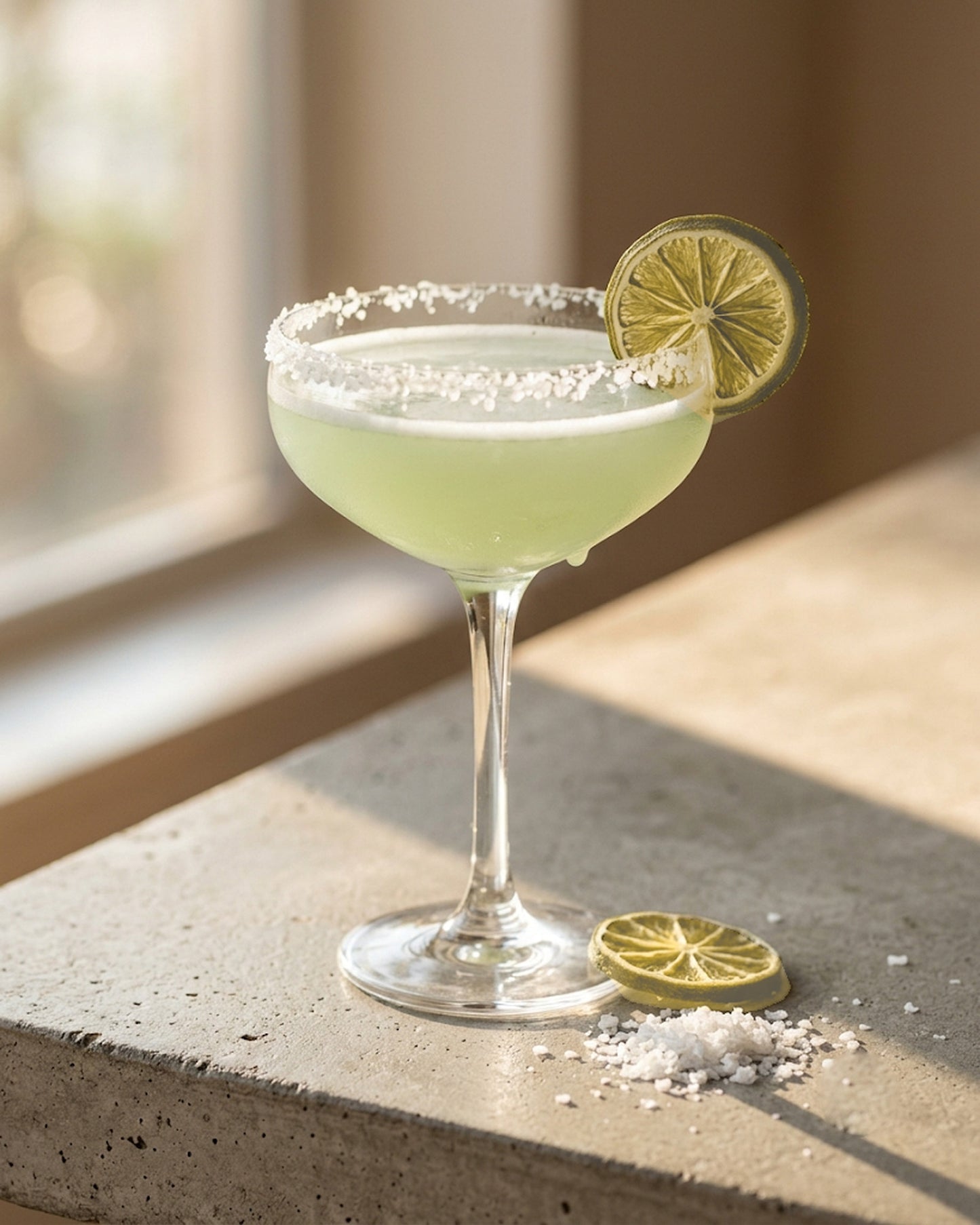 Dry Delicious dehydrated lime wheel garnishing a margarita