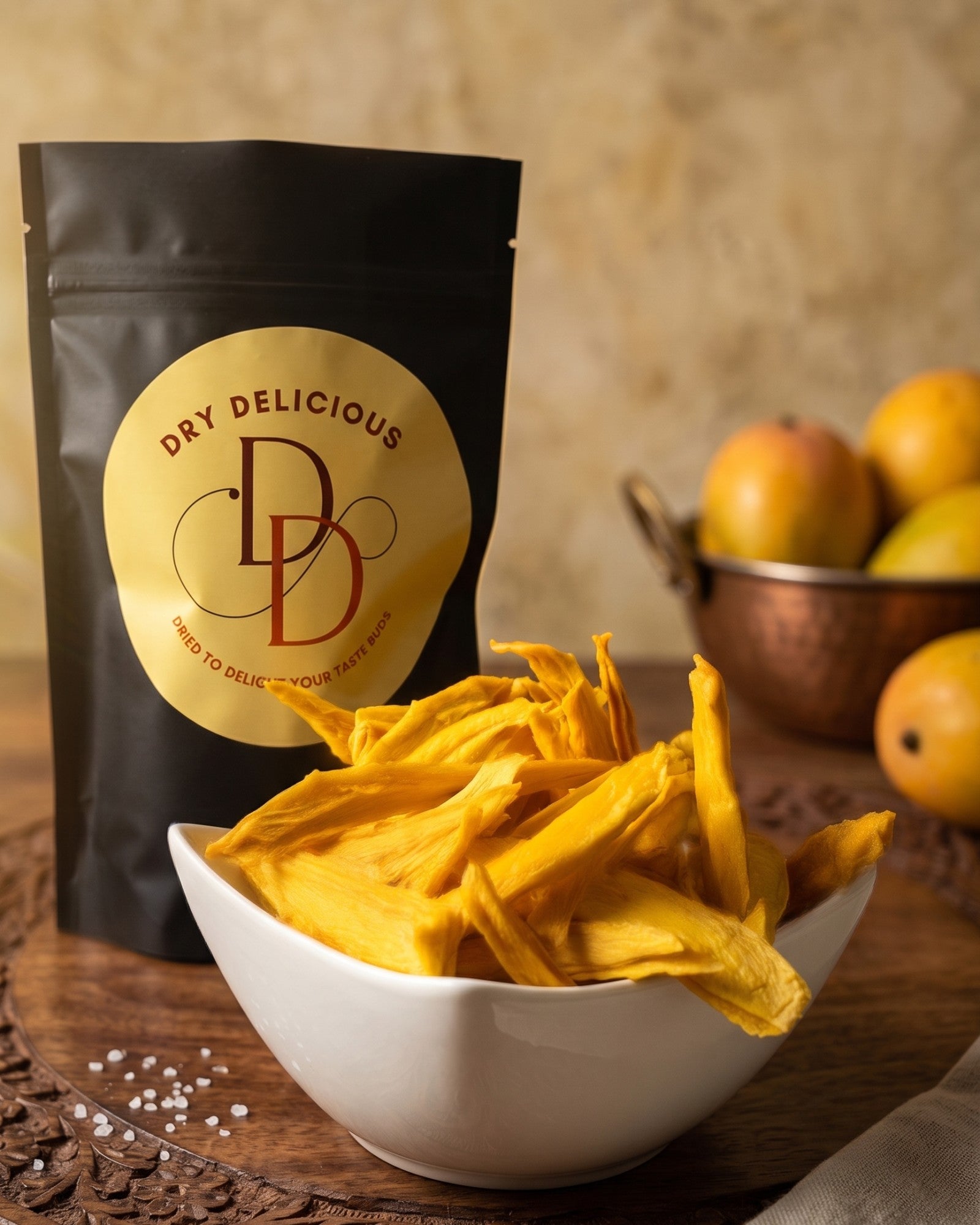 Dry Delicious dehydrated mango slices in a resealable pouch