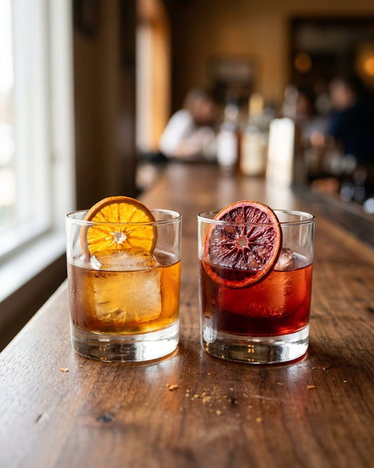Dehydrated orange and blood orange wheels garnishing two Old Fashioned cocktails