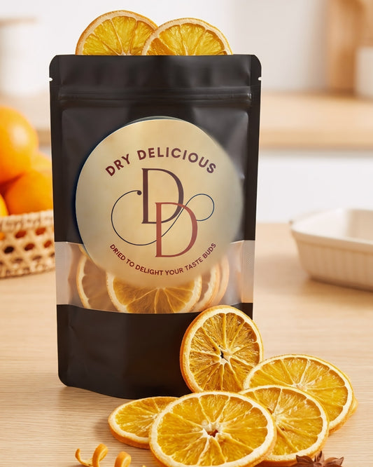 Dry Delicious dehydrated orange wheels in a resealable pouch
