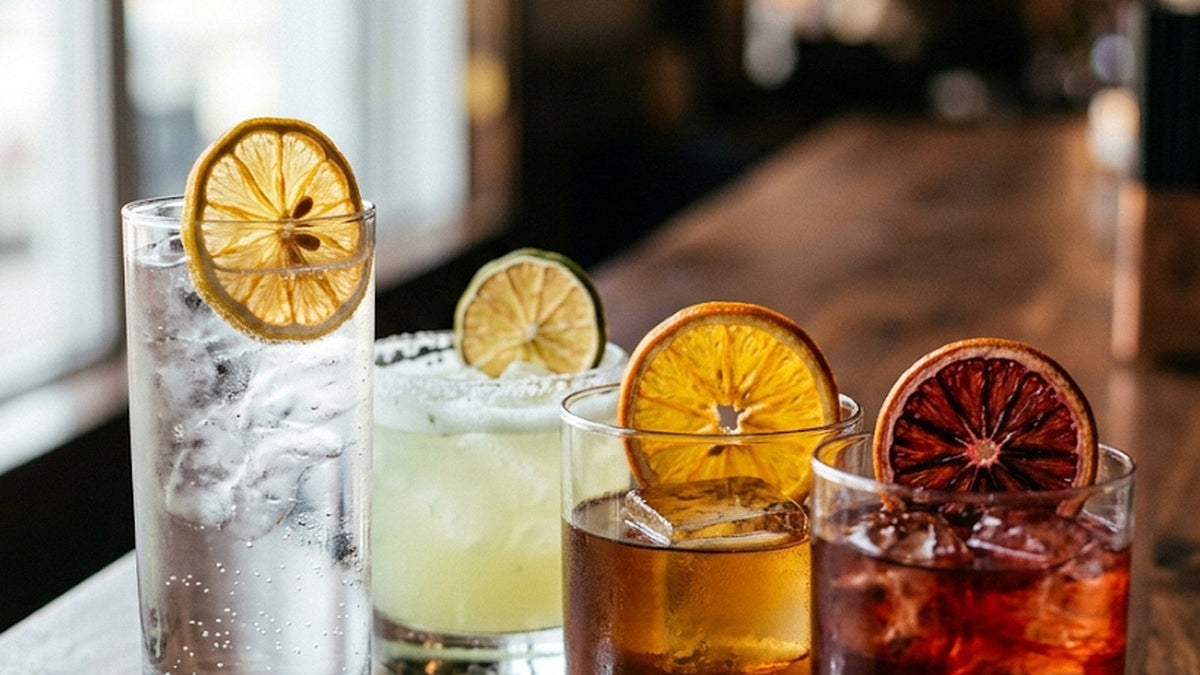 Four cocktails on a bar, each garnished with a dehydrated lemon, lime, orange or blood orange wheel